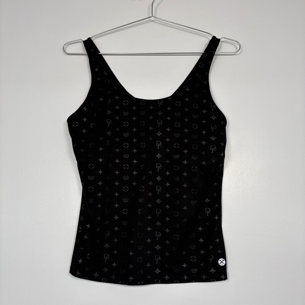 Dixxon Women Tank Top L Black Monogram Shelf Bra Athletic Stretch Scoop Neck